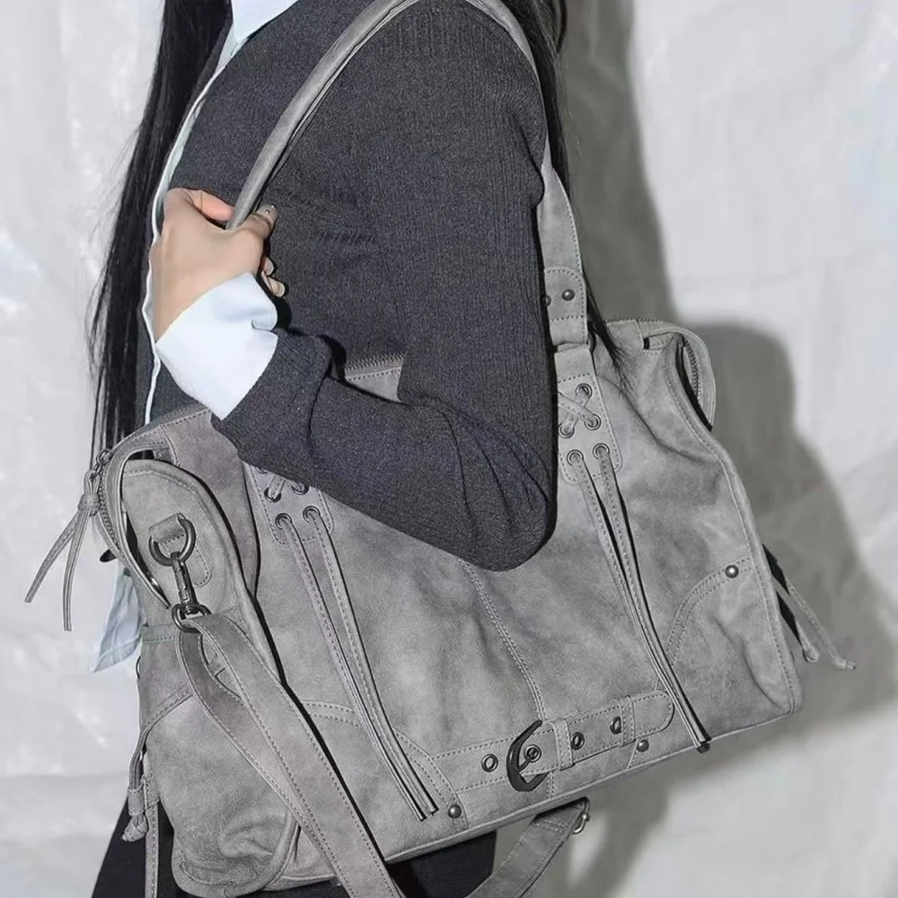 Harajuku Vintage Washed Leather Large Storage Bags Y2K Gothic Aesthetic Shoulder Bag Multi-Pocket Travel Handbag for Women