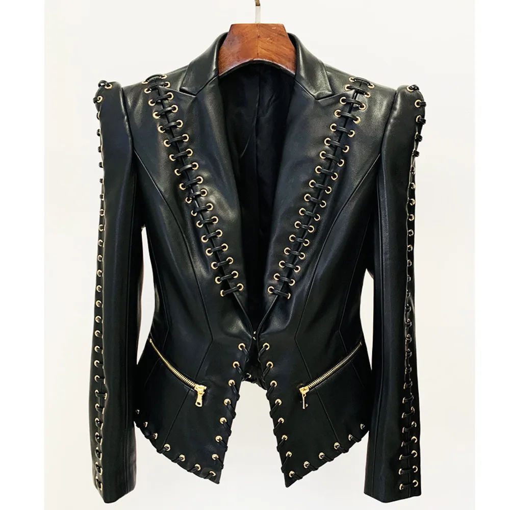 

HIGH QUALITY Newest Fashion 2024 Designer Jacket Women's Rope Lacing Up Slim Fitting Leather Blazer