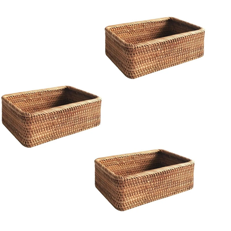 New-3X Hand-Woven Rectangular Rattan Wicker Basket Fruit Tea Snack Bread Picnic Cosmetic Storage Box-L