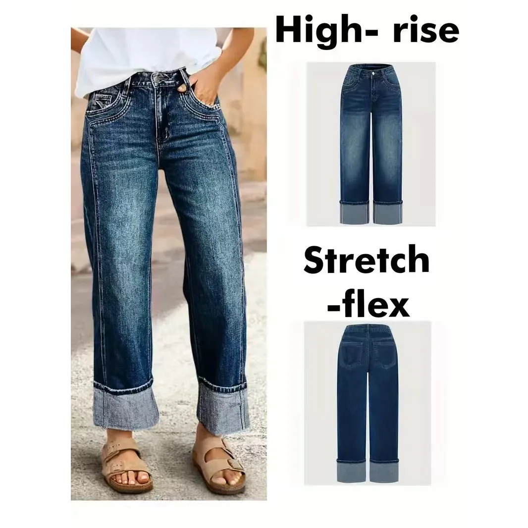 

High Waist Straight Leg Denim Jeans for Women Elastic Stretch Casual Elegant Style Wide Leg Pants Simple Fashion Trendy Denim