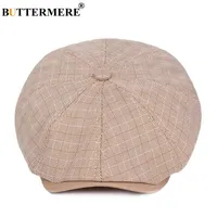 BUTTERMERE Khaki Plaid Newsboy Cap Men Cotton Mixed Linen Octagonal Cap Male Checkered Flat Caps Spring Summer Brand Beret Hat
