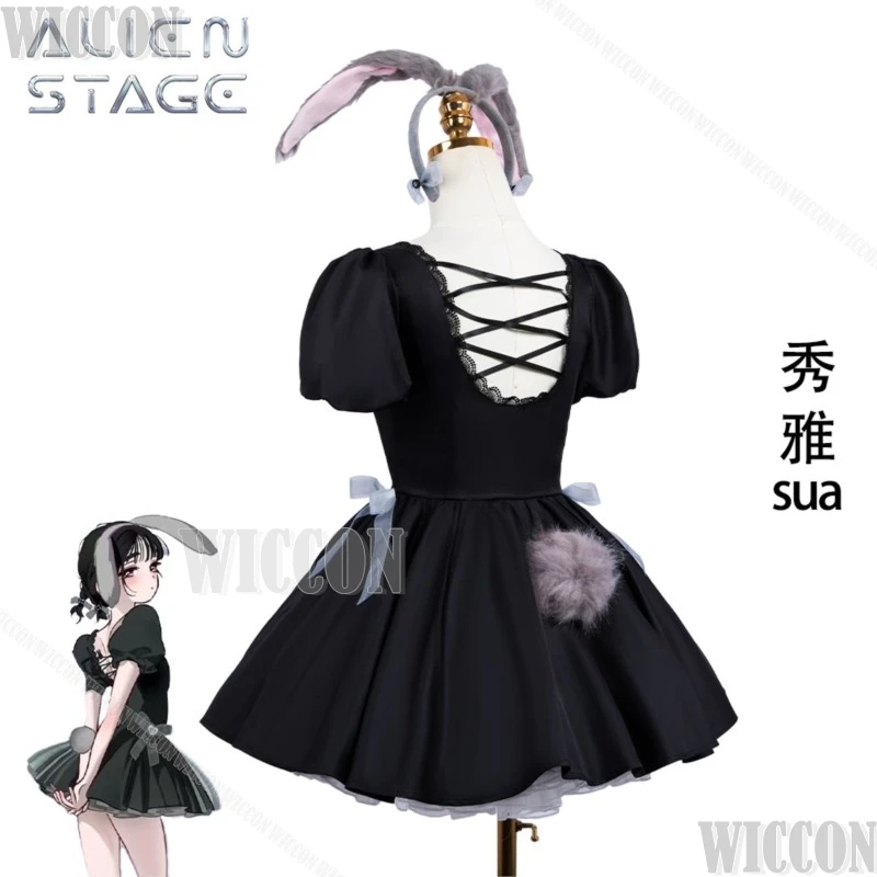 Sua Cafe Activity Ailien Stage Anime Cosplay Clothes فستان سهرة أسود آذان أرنب أغطية الرأس فتاة البدلة شعر مستعار هالوين كوميك كون