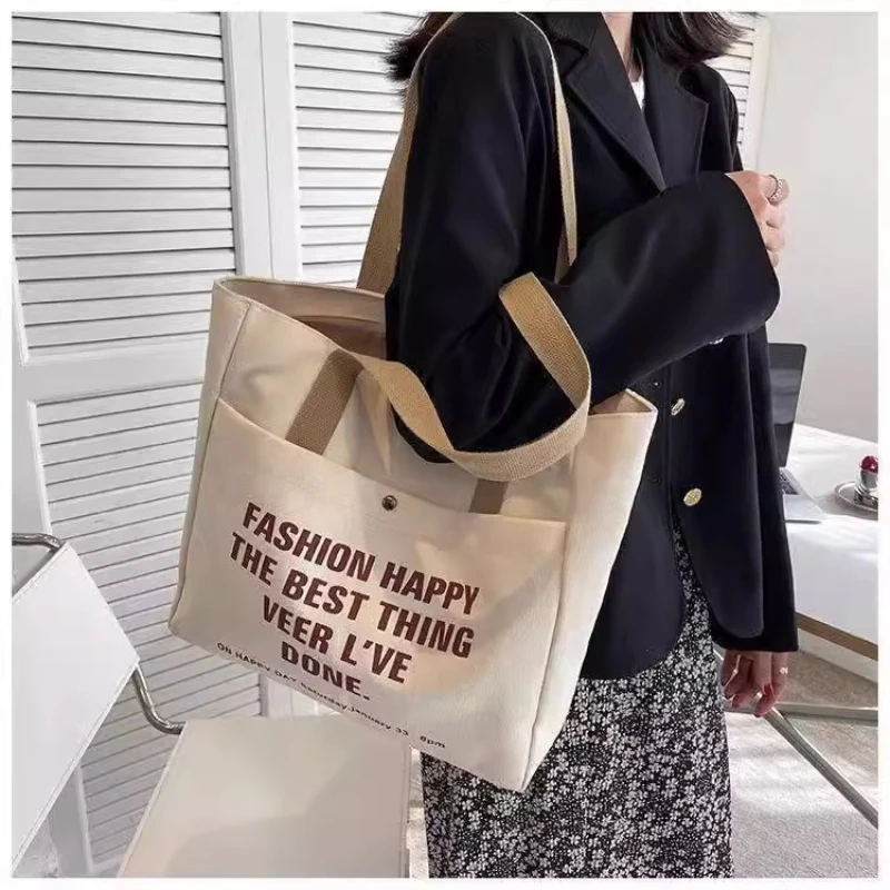 Leisure Large Capacity Shoulder Bag Shopping Bag Ins Female Students Canvas Letters Fashion Handbag Tote Bag Simple Canvas Bag