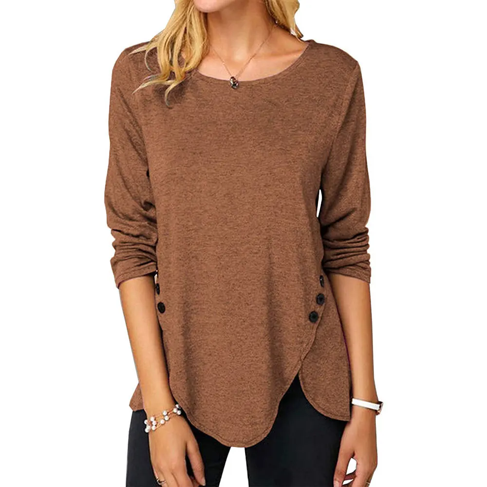 Women's Top New Irregular Hem Button Long Sleeve Round Neck T-shirt Female & Lady Spring and Autumn Casual Fashion Tops Shirts