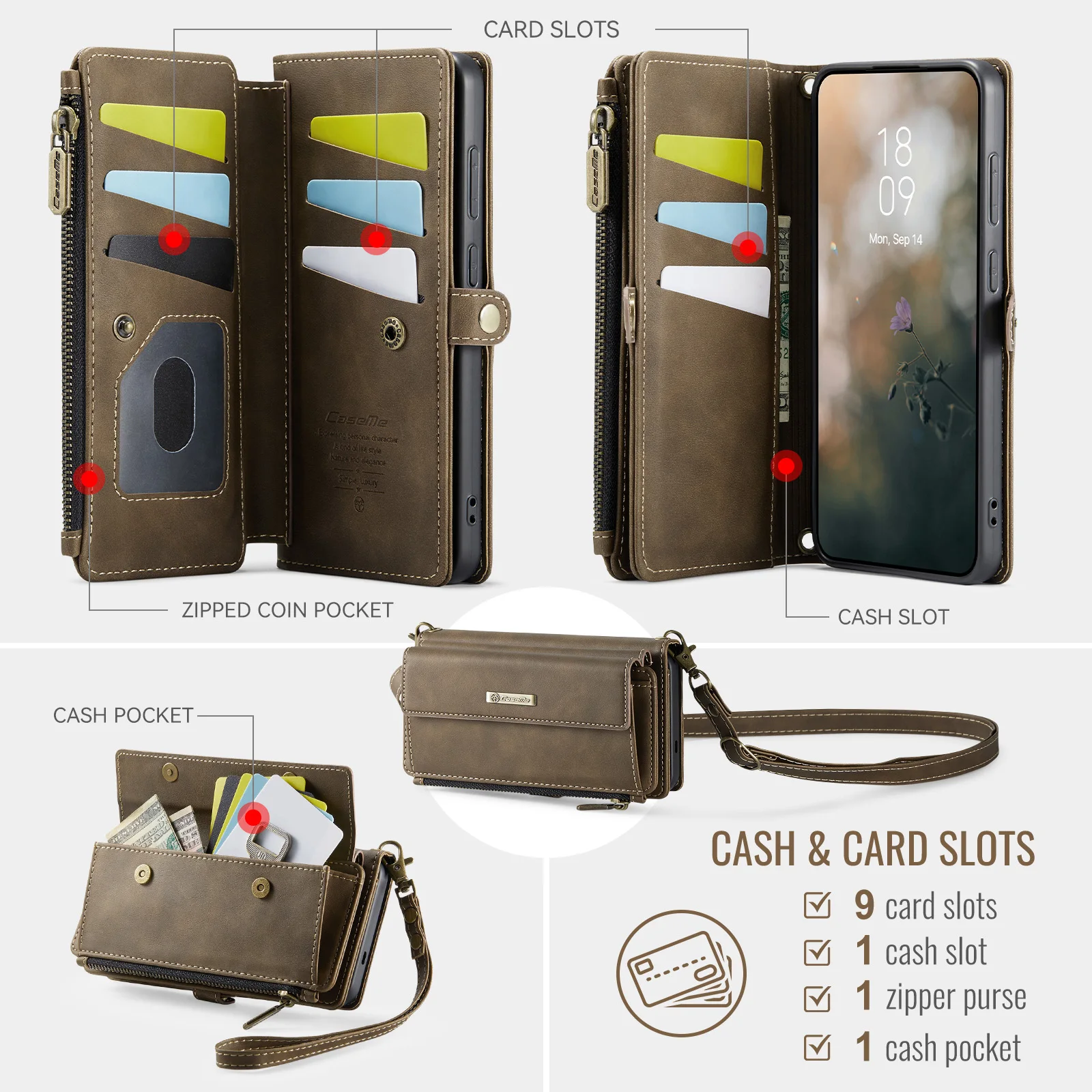 Caseme-C39 Wallet Case For Samsung Galaxy S26,S26Plus,S26Ultra, Zipper 9 Card Slot Holder Money Bag Full Cover Crossbody Lanyard