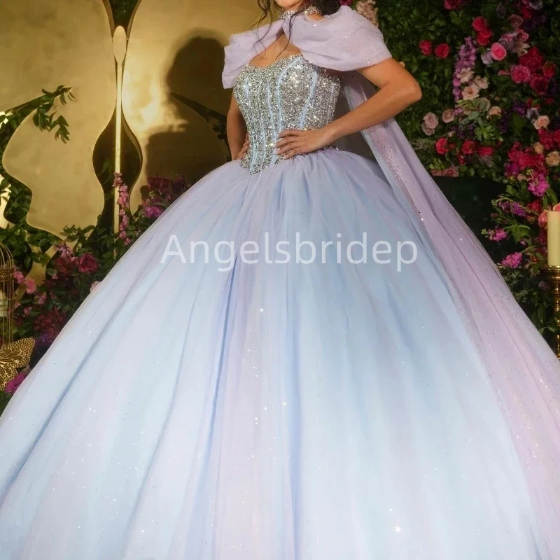 Angelsbridep ชุดชุดไปงานเต้นรำสีชมพูแวววาว, ชุดเดรส Quinceanera 2025พร้อมผ้าคลุมประดับด้วยคริสตัลลูกปัดปาร์ตี้วันเกิด vestido de 15 años