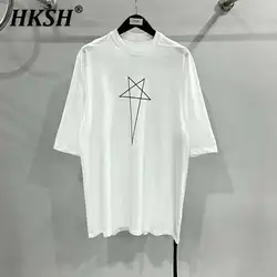 HKSH Spring Summer New Men's Tide Dark Cotton Form Five Star Printed Pattern Cotton T-shirts Half Sleeve Women Chic Tees HK2006