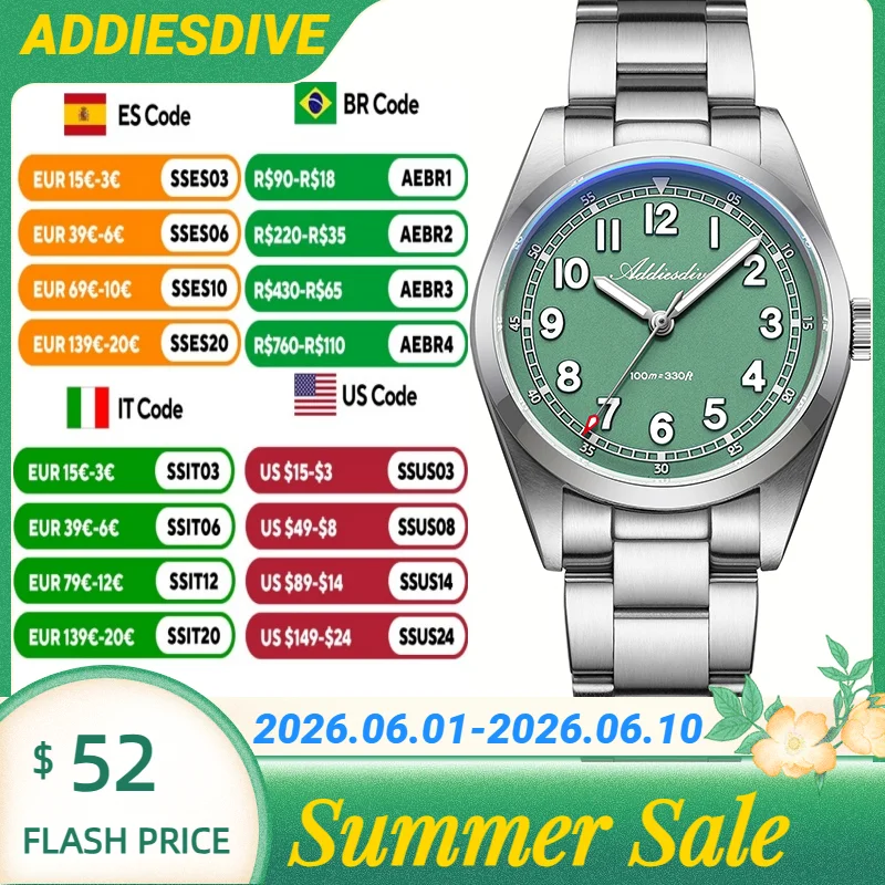 

ADDIESDIVE 36mm Sapphire Glass Women's Quartz Wristwatches Super Luminous 100m Waterproof Watches Stainless Steel Wristwatches