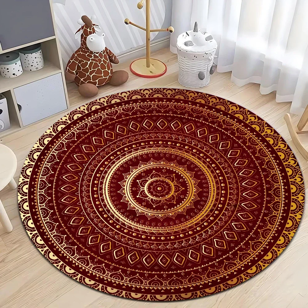 Ethnic Boho Rug Multi-Colored Floral Round Carpet Machine Washable Non-Slip Rug Mandala Floor Mat Pet Friendly Rug for Bedroom