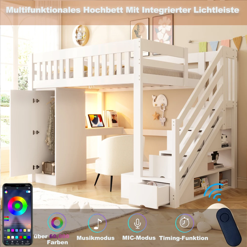 140×200cm Weißes Holz-Hochbett mit Sicherheitsgitter, integrierten Aufbewahrungstreppen, eingebautem Schreibtisch mit Euro-Steckdose, Einzelschrank & Aufbewahrungssofa, farbiger LED-Lichtleiste,