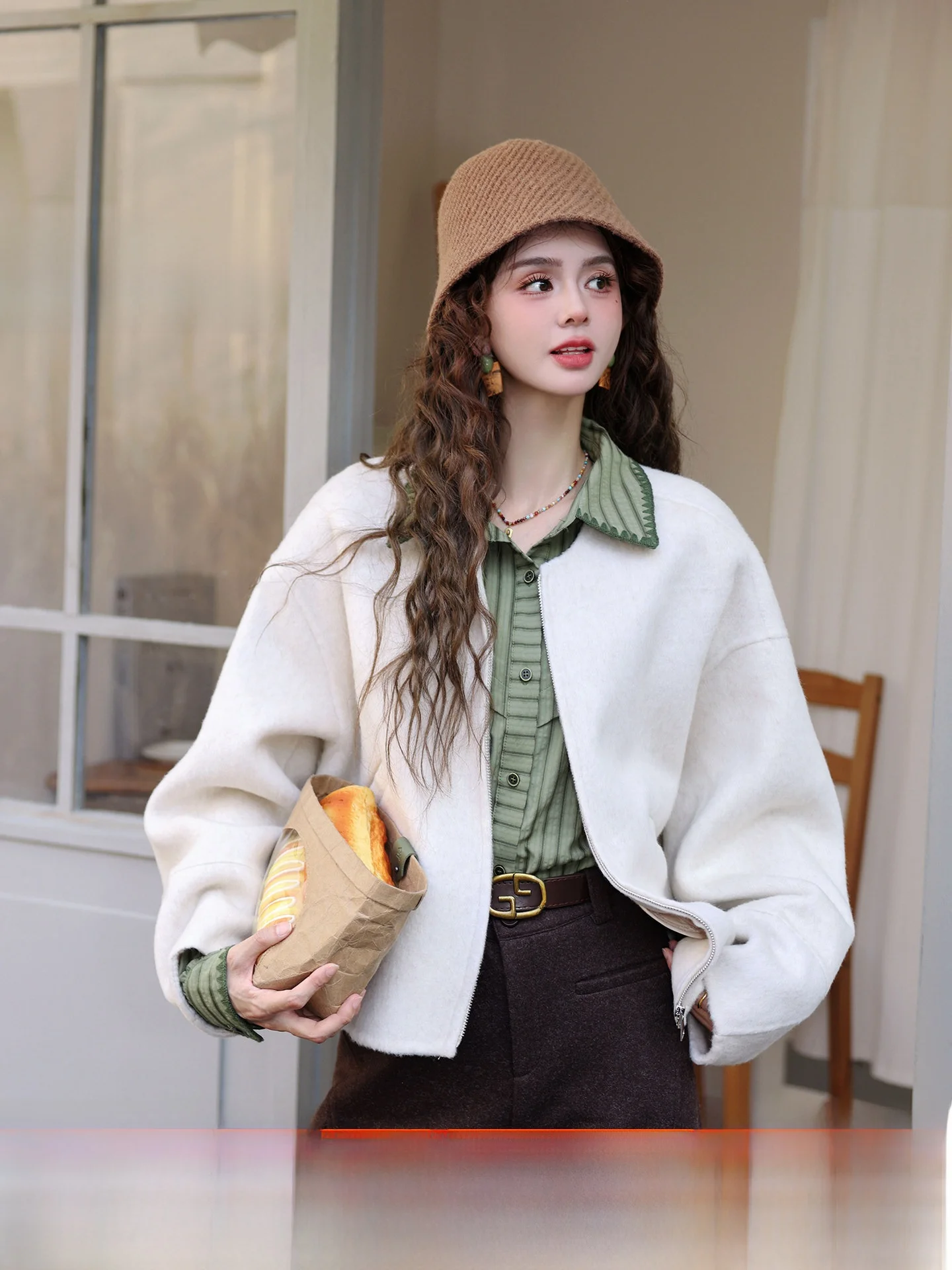 

Chen Jiajie Roman Romance Early Winter ort Double-Faced Woolen Coat for Women Zipper Versatile Cotton Polyester Blend Jaet