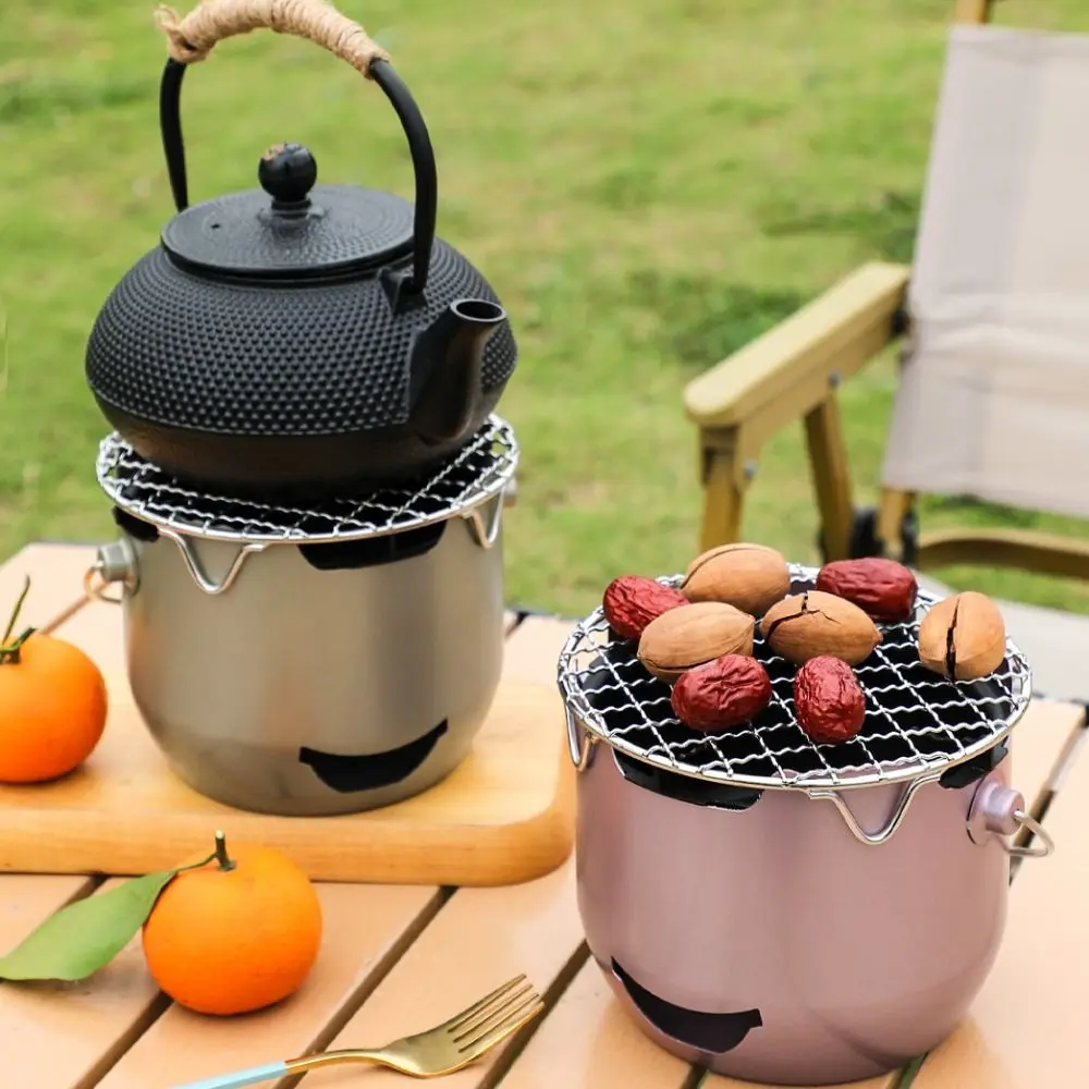 Mini estufa de carbón de estilo coreano para acampar, estufa de carbón para el hogar con red de parrilla, parrilla de barbacoa, estufa de té de Metal para exteriores