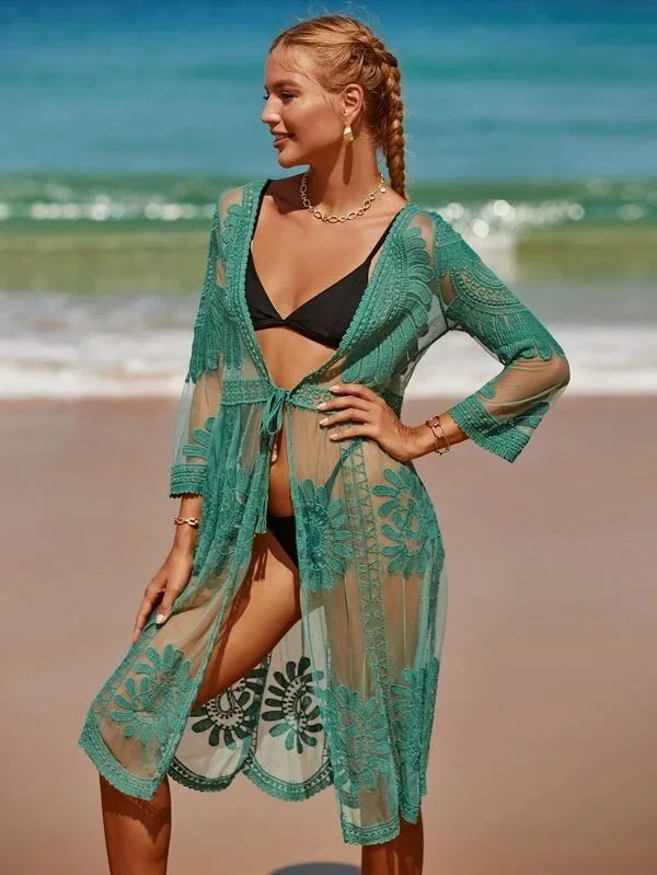 Boho Beach Cover-up For Women Dresses Robe Floral Embroidery Lace Summer Casual Bikini Vestidos Sexy See Through Long Cardigan