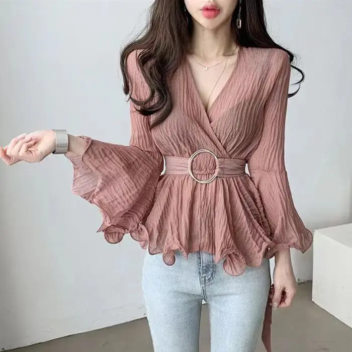 

Shirt V-Neck Lace Up Folds Ruffles Flare Sleeve Blouse Female Clothing 2023 Elegant Spring New Casual Pullovers Sweet Shirt