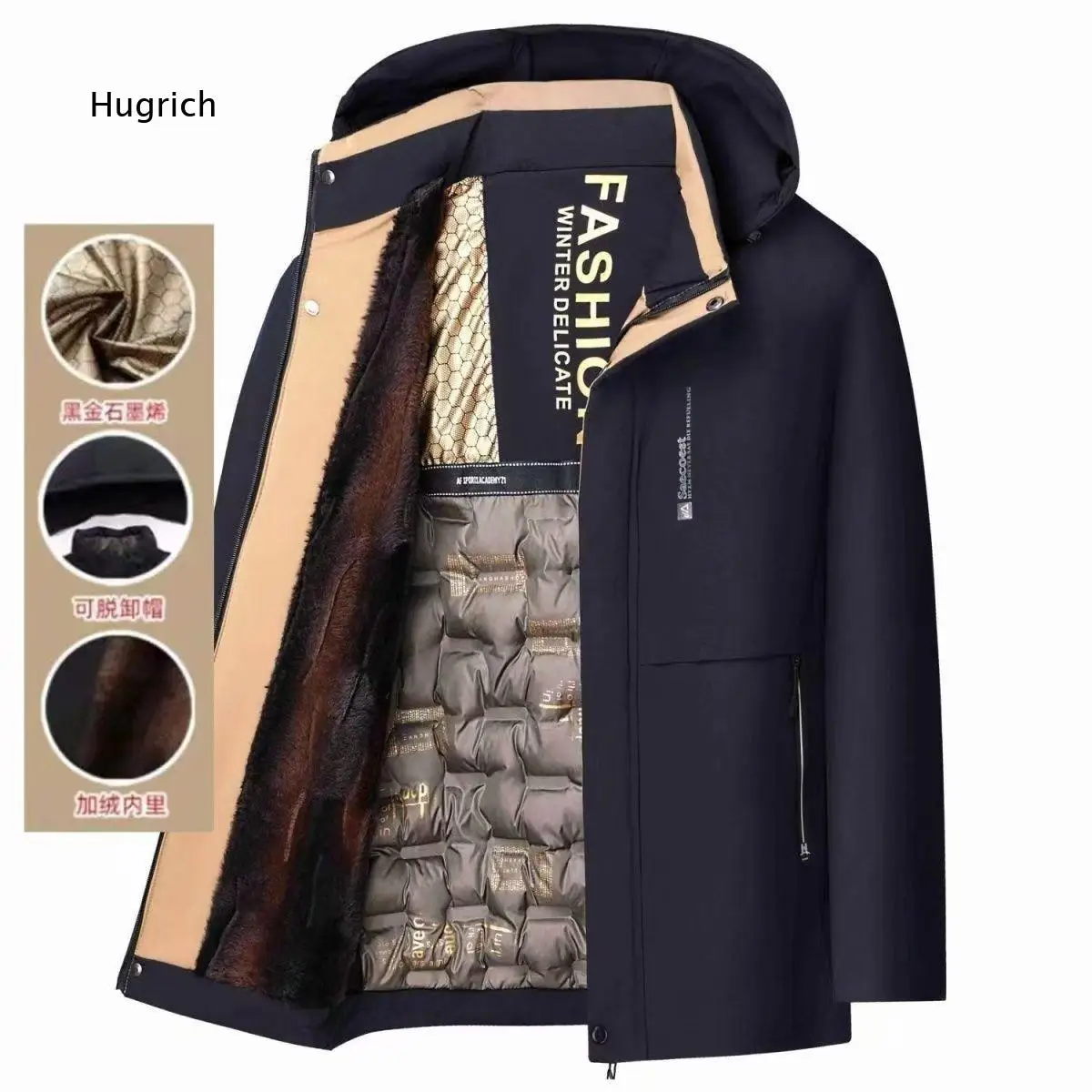 Men's Hooded Warm Padded Winter Jacket Fleece Lined Outerwear With Zipper Pockets Windproof Coat For Daily Commute