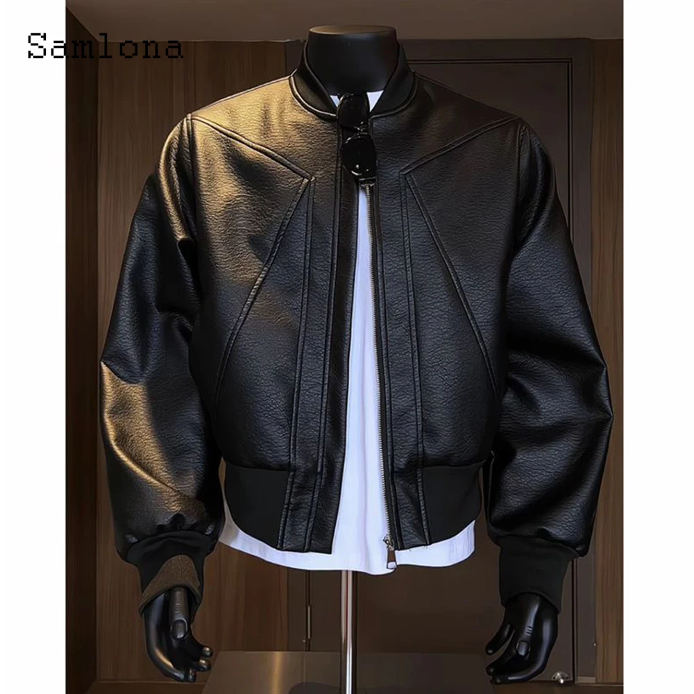 

Men's Collarless Pu Leather Jackets 2025 New Autumn Basic Outerwear Solid Faux Leather Motorcycle Jacket Men Stand Pocket Coats