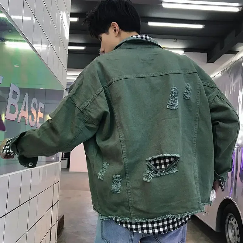 Male Jean Coats Ripped Autumn White Men's Denim Jacket Wide Sleeves with Hole Y2k Korea Vintage Cheap Price Stylish New in G Low