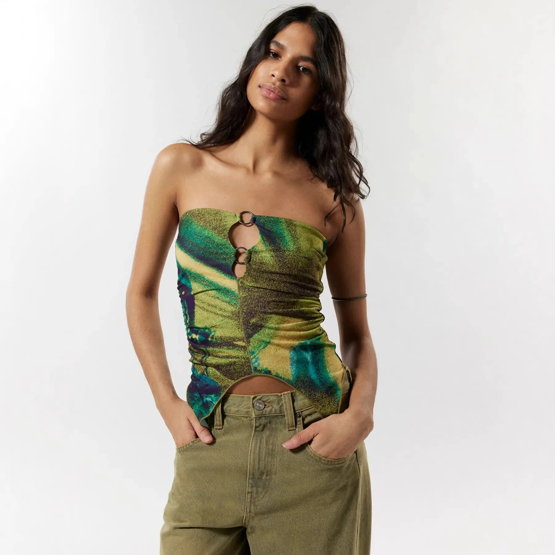Slim Fit Ruched Top Cropped Private Celebrity Style with Strapless Fitted Tank Top Sexy Medium Stretch No Padding Women Tanks