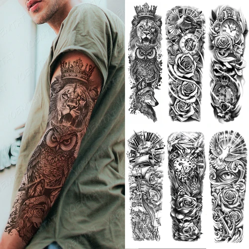 Tatuaje de manga de brazo grande, corona de León, rey, rosa, tatuaje temporal resistente al agua, pegatina, lobo salvaje, tigre, hombres, tótem de calavera completa, tatuaje falso