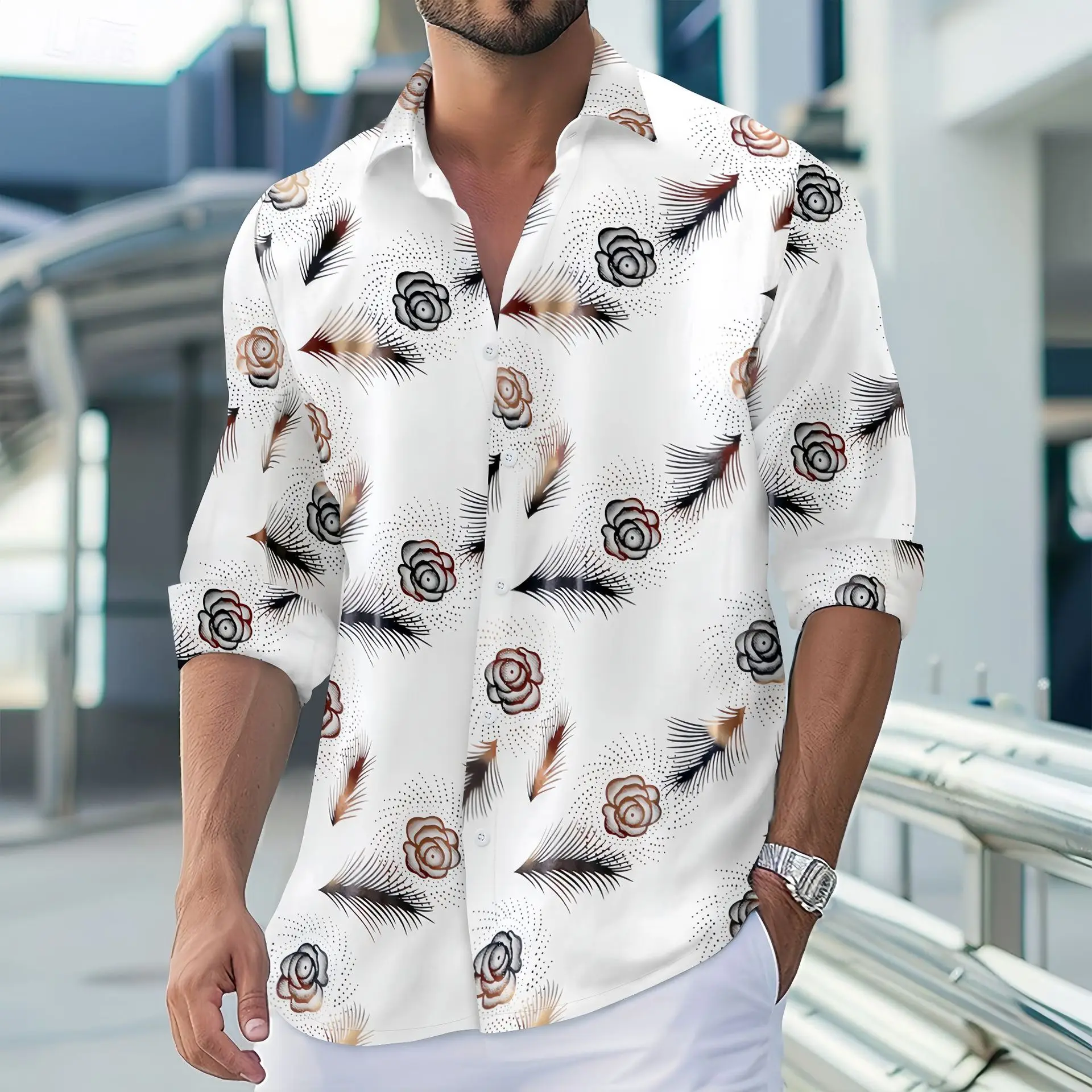 

2025 Spring And Autumn New British Style Fashion Top Men's Hot Gold Rose Print Casual Comfortable Streetweer Long-Sleeved Shirts