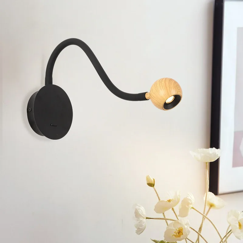 Modern Simple Eyeball Black Adjustable Hose Wall Lamp Wood Grain Bedroom Study Eye Protection Reading Light Hotel Bedside Lamp