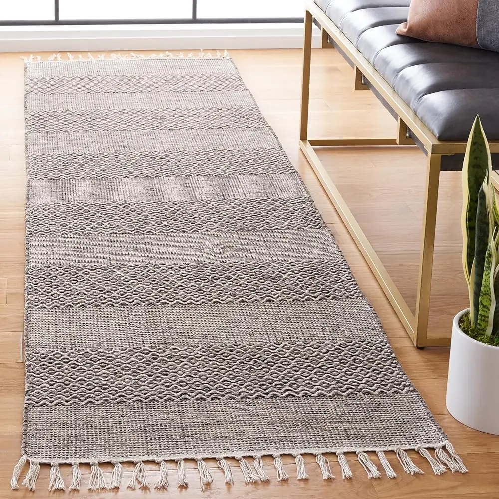 

Montauk Collection Runner Rug - 2'3"" X 6', Ivory & Anthracite, Handmade Flat Weave Boho Farmhouse Cotton Tassel Fringe, I For