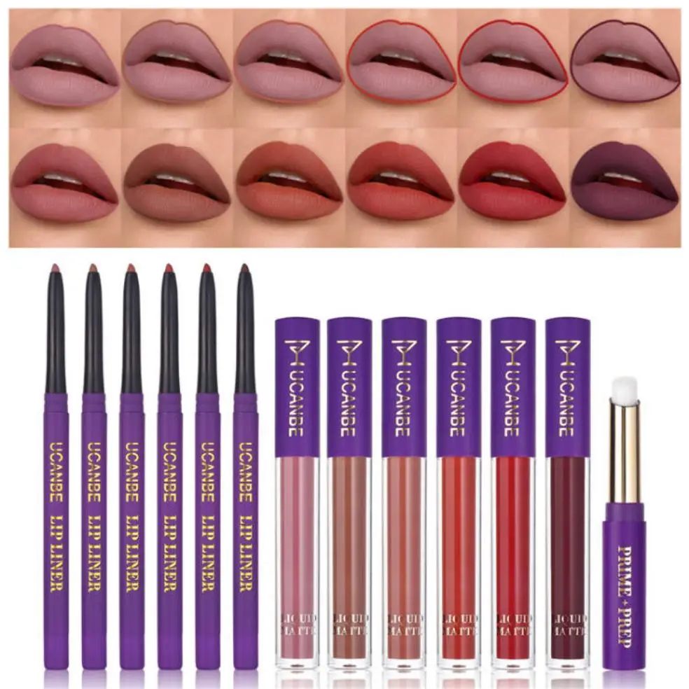 UCANBE Lady\'s Night Lip Makeup Sets 6pcs Matte Liquid Lipstick + 6pcs Lip Liners Pencil +1PC Primer Waterproof Lip Gloss Kit