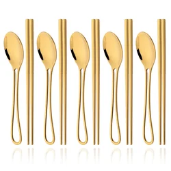 Gold Stainless Steel Cutlery Set Sushi Sticks Dinner Spoons Set 10Pcs Dinnerware Korean Chopsticks Dessert Spoon Flatware Set