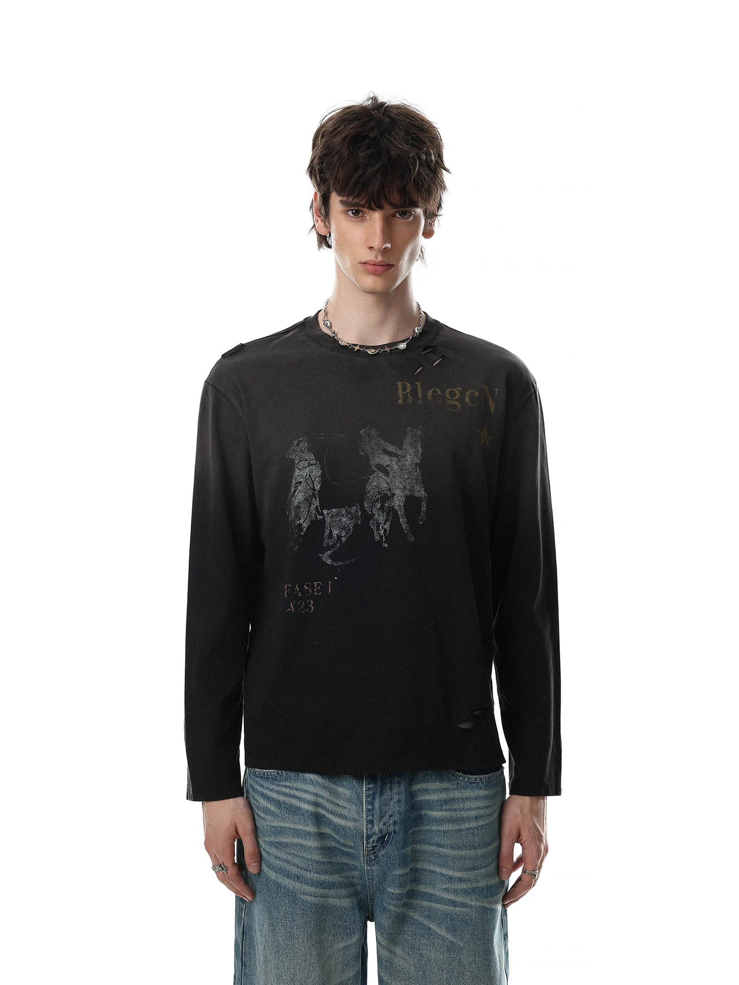MRNEARLY American Style Long Sleeve T-Shirt Unisex Loose round Neck Vintage Streetwear Casual Top Trendy Brand Cotton Breathable