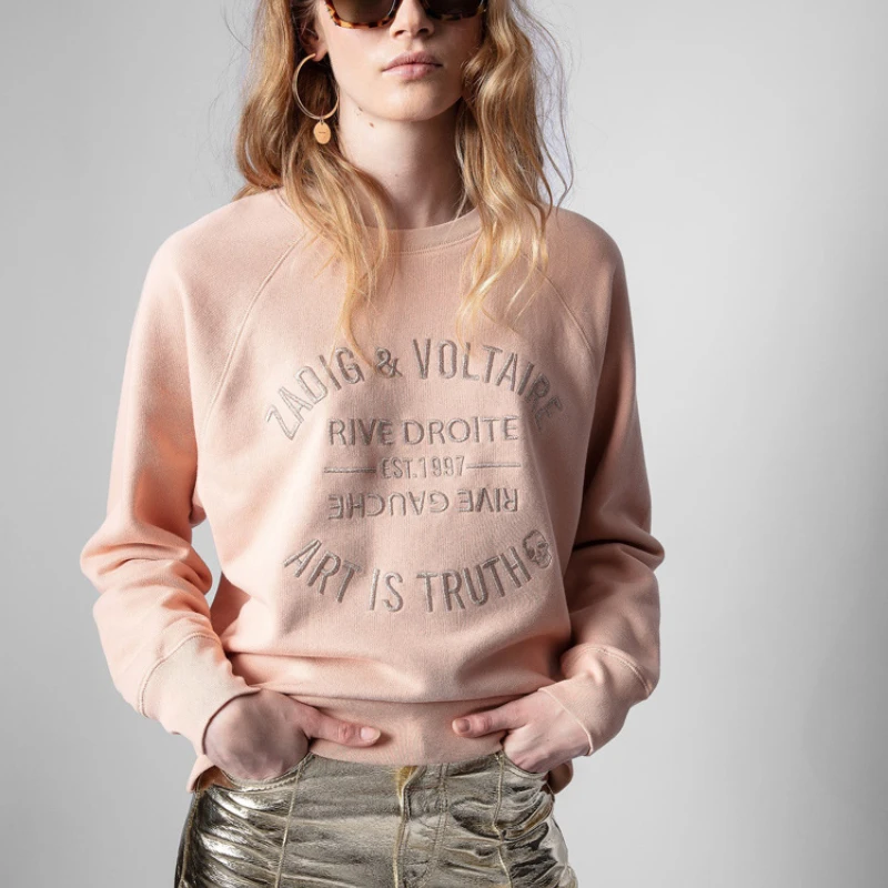 French Style Pink Cotton Embroidery Hoodie For Women Trendy Fashionable Autumn Sweatshirt With Classic Letter Embroidery