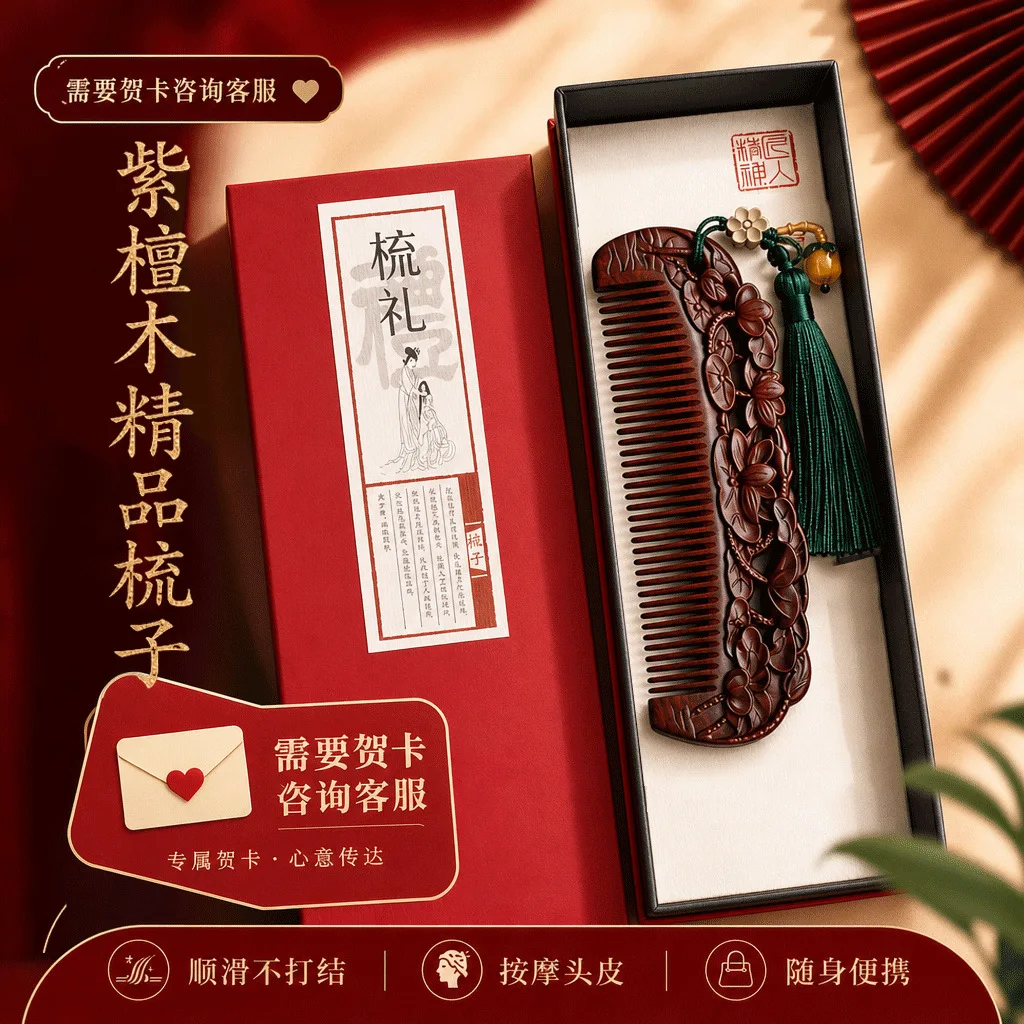 Purple Sandalwood Massage Comb Gift Box Set Hair Care Scalp Meridian Relaxation Tool for Home Salon Spa