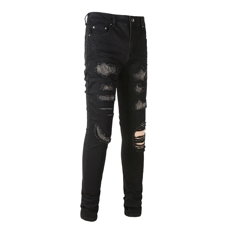 Men's Black High Street Fashion Crystals Patches Jeans Distressed Destroyed Holes Slim Fit Stretch Ripped Jeans