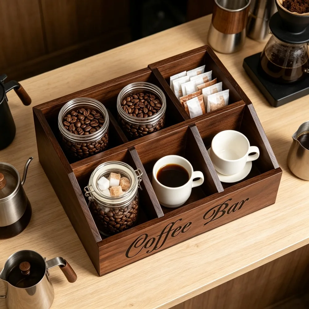 Wooden Coffee Bar Organizer Coffee Capsule Pod Holder Multi Compartment Countertop Storage Rack for Coffee Cups Tea Bags Syrup