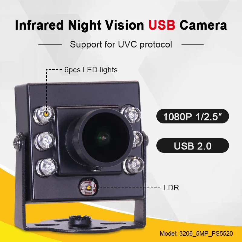 

In stock 3206 5MP CMOS PS5520 2.1mm 135deg Wide Angle Full IR 940 Backlighting Infrared Night Vision Mini USB Industrial Camera