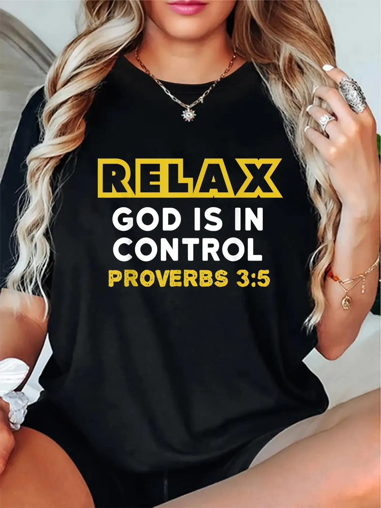 

Relax God Is In Control T-Shirt - Proverbs 3:5 Bible Verse Christian Faith Apparel, 100% Casual Comfort Fit Round Neck Tee