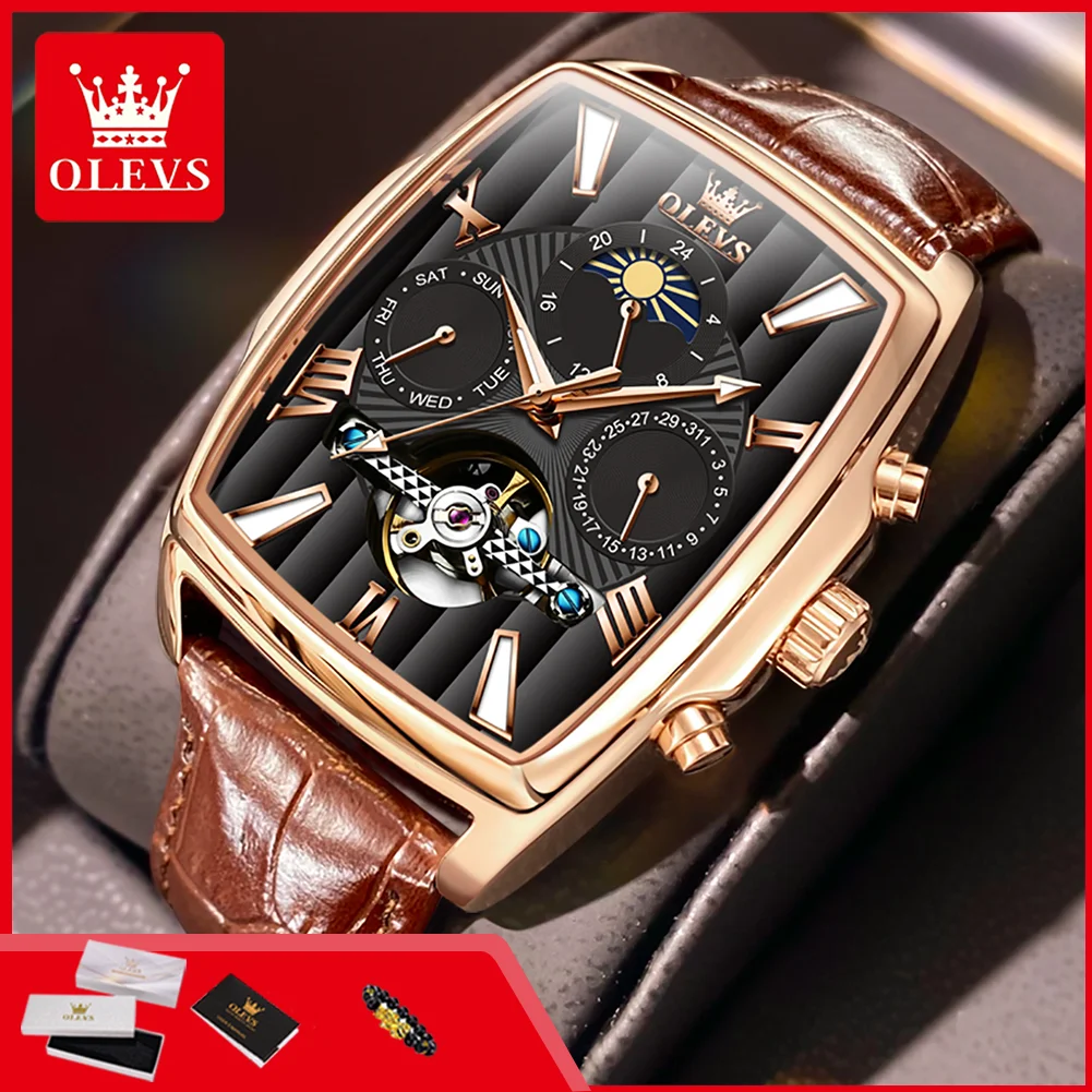 

OLEVS 6675 Luxury Business Men's Watches Leather Strap Flywheel Skeleton Waterproof Luminous Automatic Mechanical Watch for Men