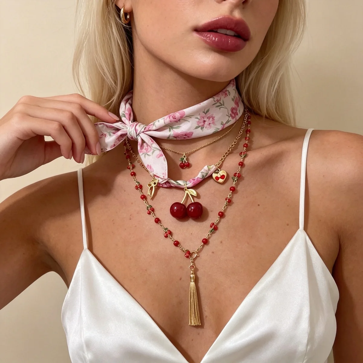 Mehrschichtiger roter Kirschherz-Schal, Y-förmige lange Halskette für Damen und Herren, süße Erdbeerblume, künstliche Perlen-Choker-Schmuckstücke – Detail 10