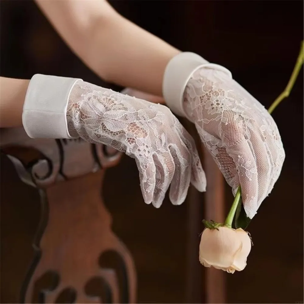 Floral Lace Bridal Lace Gloves Satin Cuff Elastic Fabric Floral Embroidery Aesthetic Gloves See Through Breathable
