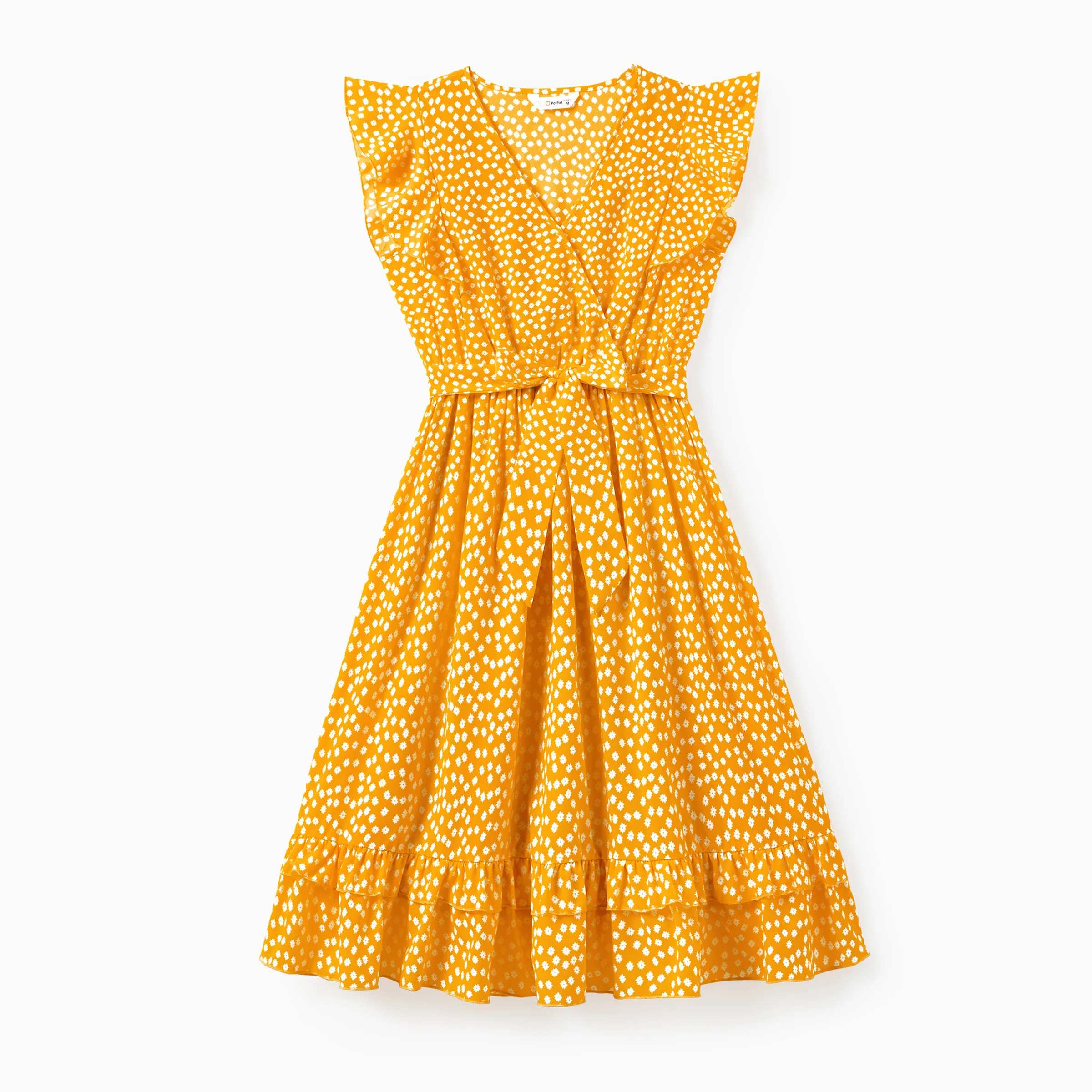 PatPat Gelbes Damenkleid mit Blumenmuster, V-Ausschnitt, Gürtel, Rüschensaum und verstecktem Druckknopf