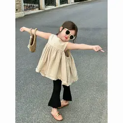 Girls Summer 2024 New Style Lace Pleated Tank Top T-shirt Top Black Pants Sweet and Gentle Two Piece Set