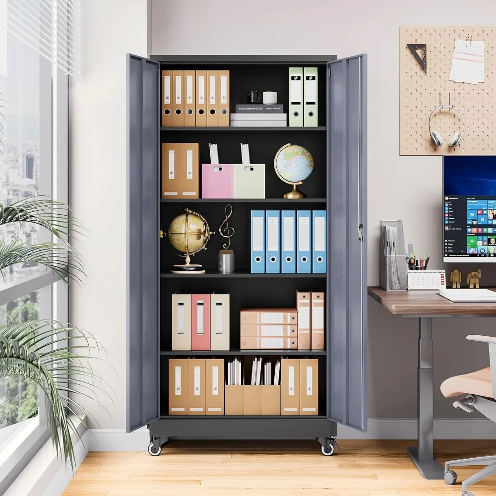 Gabinete de garaje de metal con ruedas, gabinete de almacenamiento alto con 4 estantes ajustables y 2 puertas, gabinete de herramientas bloqueable para garaje H