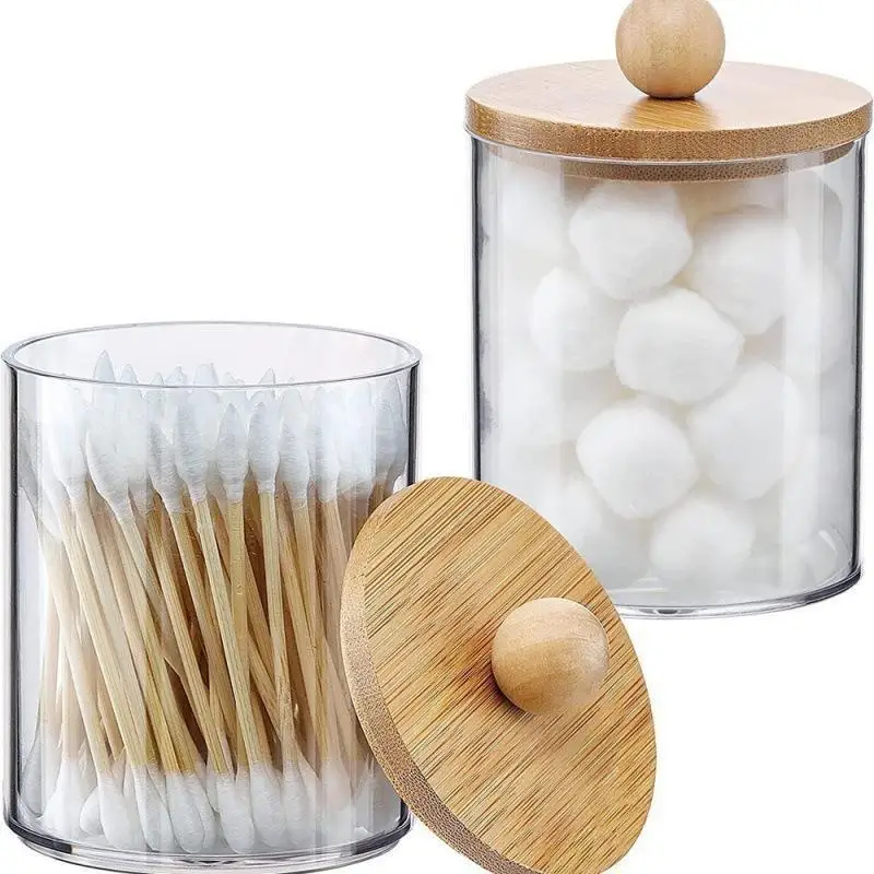 Wattestäbchen-Organizer mit Bambusdeckeln, durchsichtiges Apothekerglas aus Kunststoff für die Aufbewahrung von Kosmetikartikeln auf dem Schminktisch – Detail 4