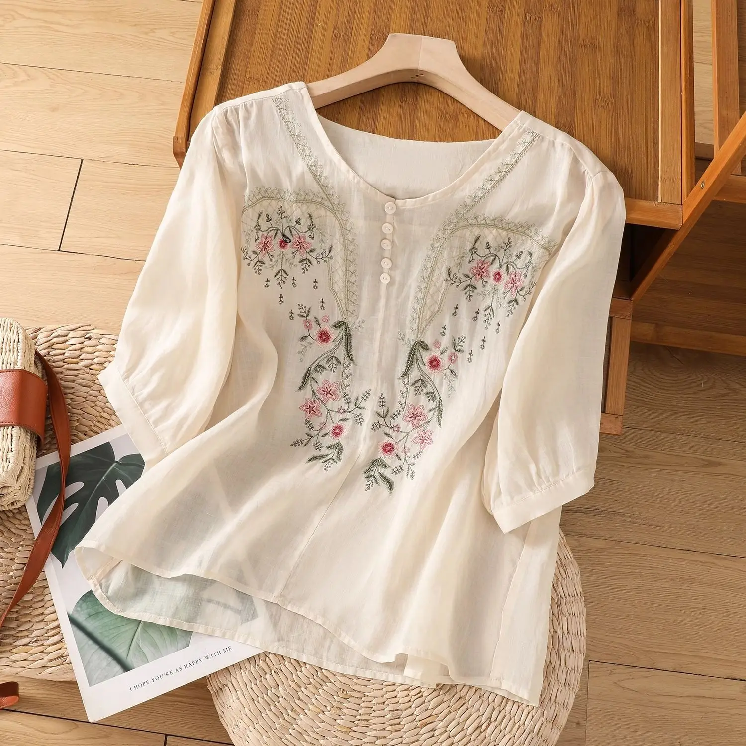 

Retro Cotton Linen Embroidered Women's irt Summer 2025 Chinese Sle Ele Mom Pullover f Sve Blouse Commute Sle ...