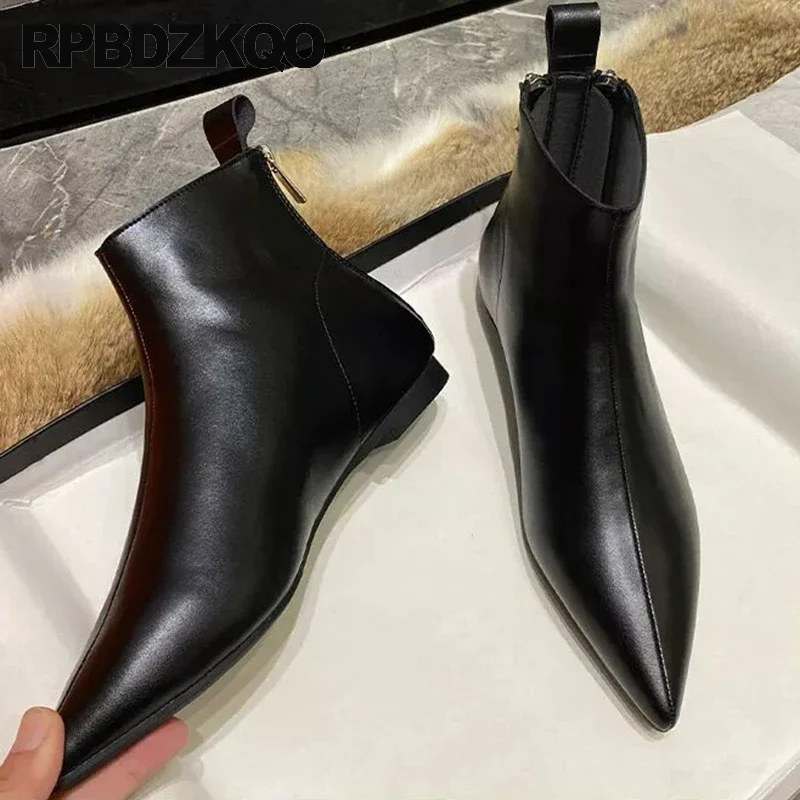 Women Flats 34 Shoes Fur Lined Autumn Boots Nubuck Plus Size Pointy Toe Zip Up Booties Cow Leather Short Winkle Picker Custom