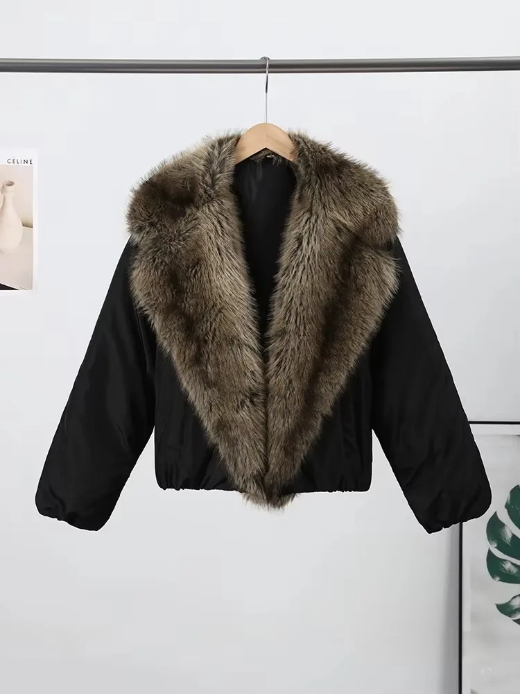 IG Women Oversized Faux Fur Shawl Collar Black Cropped Bomber Jacket, Elastic Hem Side Pockets, Winter Warm Casual Street Puffer