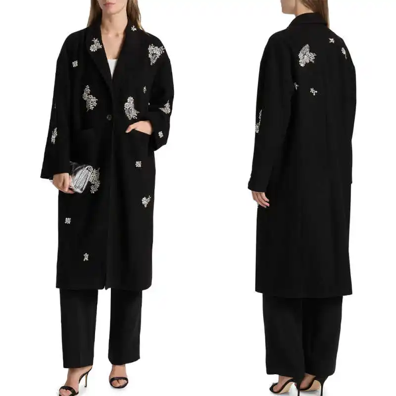 Elegant Woman Overcoat 1 Piece Wool Blend Blazer Single Breasted Notched Lapel Crystal Outdoor Occasion Warmth Coat Customized