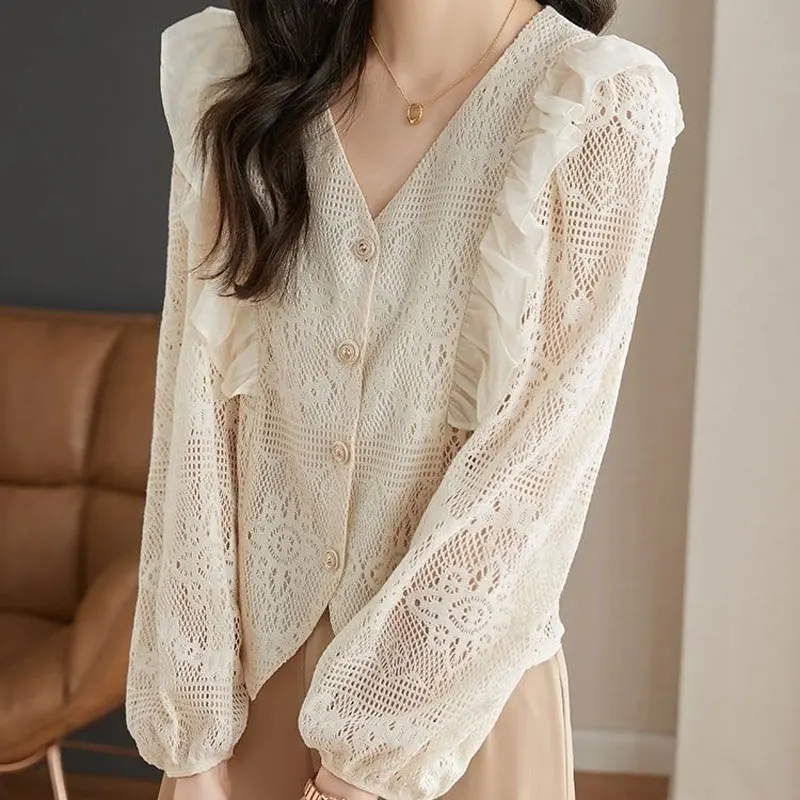 Summer Elegant V-Neck Blouse Women\'s Solid Color Commute Single-breasted Hollow Out Korean Straight Ruffles Spliced Shirt 2023