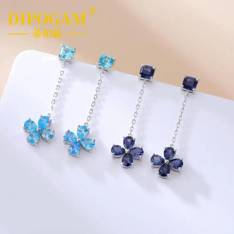 

925 Sterling Silver Tassel Four-leaf Clover Drop Earrings Lab Created Blue Diamond Teardrop Elegant Fine Jewelry For Women