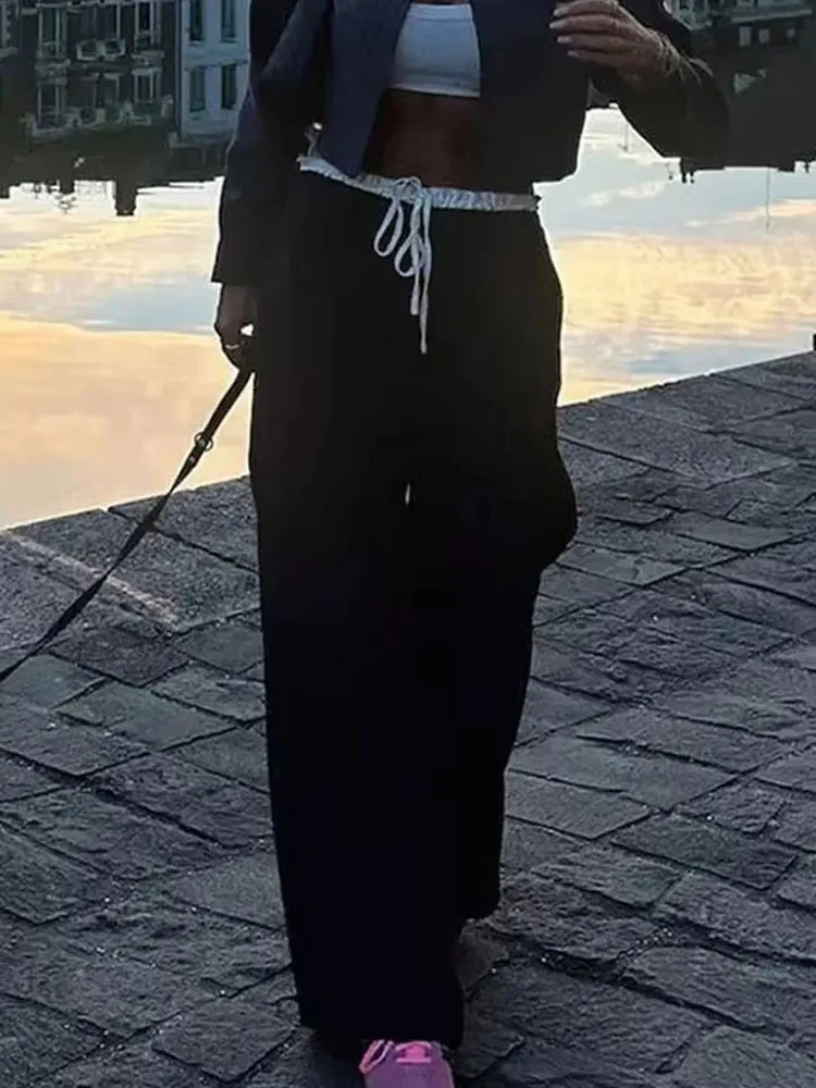 HH Dames Zomer Commuter Broek Retro Dubbele taille Losse Wijde pijpen Broek Chique Veterschoenen Dames Kantoorbroek Street chic