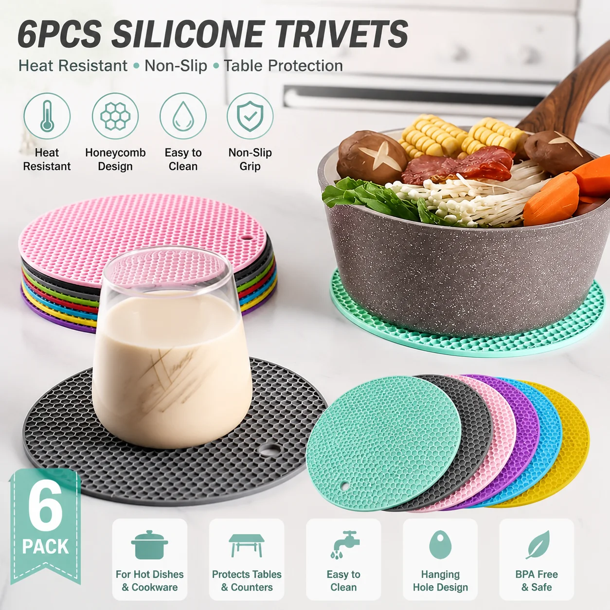 6PCS Silicone Honeycomb Trivets, Non-Slip Heat Resistant Pot Holders, Random Colors, Multifunctional Kitchen Table Mats for Bowls, Cups, Pans and Dining Accessories